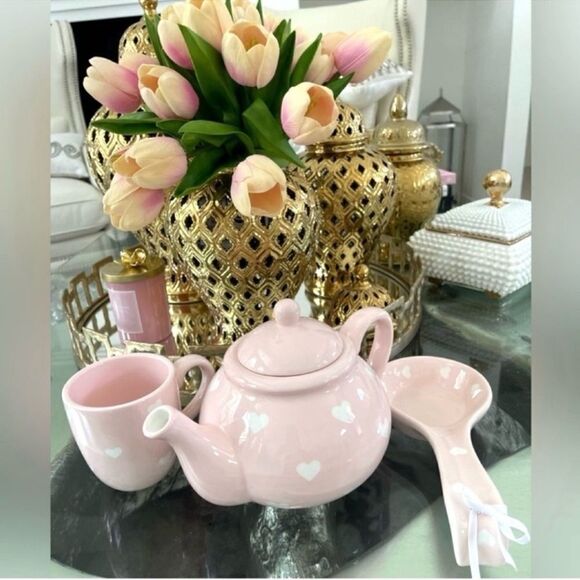NWT Terramoto Heart Pink Heart Teapot and 1 cup and Spoon Rest - Picture 2 of 12